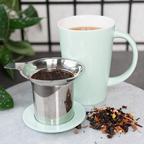 Navaris Taza de cerámica con Tapa - Taza con Filtro para Hacer té infusiones o tisanas - con infusor de Acero Inoxidable - 350ML - Verde