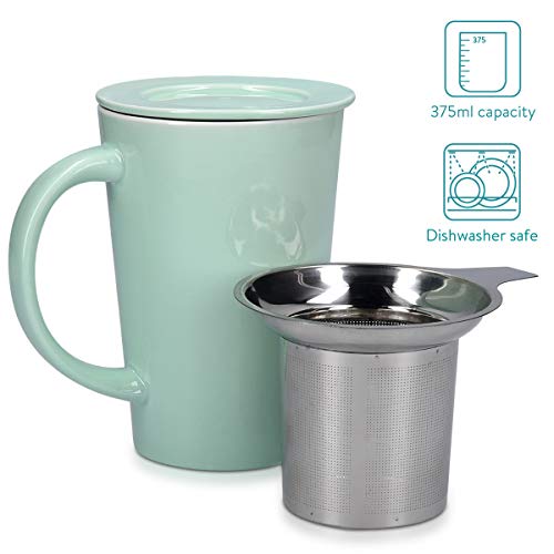 Navaris Taza de cerámica con Tapa - Taza con Filtro para Hacer té infusiones o tisanas - con infusor de Acero Inoxidable - 350ML - Verde