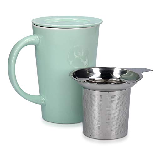 Navaris Taza de cerámica con Tapa - Taza con Filtro para Hacer té infusiones o tisanas - con infusor de Acero Inoxidable - 350ML - Verde