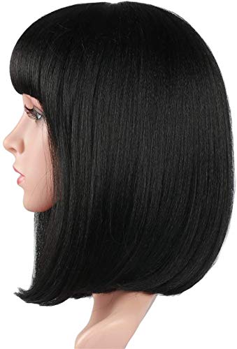 Negro Bob peluca corta 14 pulgadas plana flequillo Longitud del hombro Seda sintética suave Color natural peluca de las mujeres