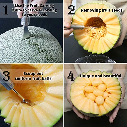 Newness 4 Piezas Carving Kit Talla de Calabaza y Cuchara para Melón, Vaciador Fruta Sacabolas de Melón, Cucharas para Fruta Vaciador de Melón