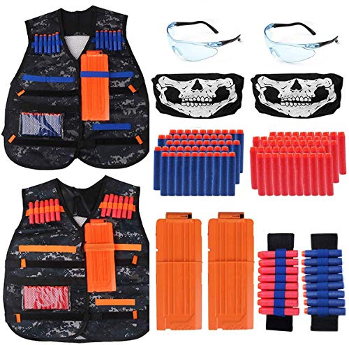 Niños Chaleco Táctico, Kids Elite Tactical Chaleco Para N-Strike Elite Series Con 100 Bullets, 2 Chaqueta Táctico, 2 Clips De Recarga Rápida, 2 Wrist Bands, 2 Chaleco+Scarf Mask, 2 Gafas De Protección