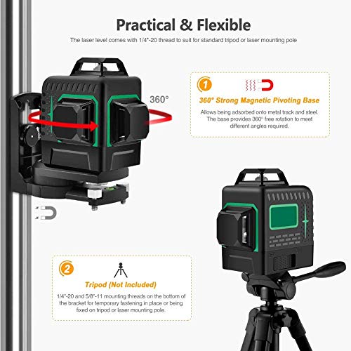 Nivel láser, 3 x 360º, 3D 12 líneas con 360 ° base magnética, IP 54 auto-nivel de líneas verticales y horizontales autobalanceados nivel láser verde