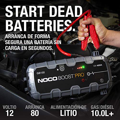 NOCO Boost Pro GB150, Paquete de arrancador de batería de Coche de Litio portátil ultraseguro de 4000 amperios y 12 voltios, para Motores de Gasolina y diésel de hasta 10 litros, Negro