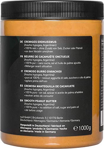 nu3 Crema de cacahuete - 1 kg Peanut Butter pura y natural - Mantequilla de maní sin sal ni azúcar - Libre de aceite de palma y conservantes artificiales - con 21g de proteínas por cada 100 g