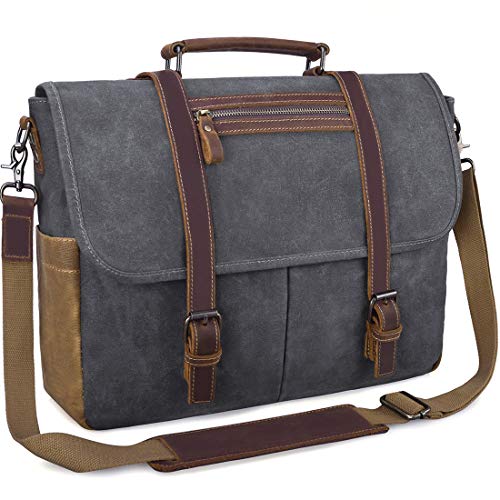 NUBILY Bolsa Mensajero Hombre Maletín para Ordenador portátil 15.6 Pulgadas Bolso Bandolera de Negocios Vintage Lona Gris