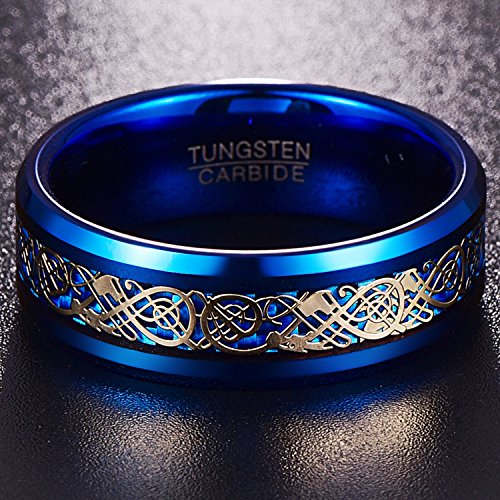 NUNCAD Anillo Hombre Mujer Unisex de Tungsteno Azul con Dragón Celta y Fibras de Carbono 8mm para Boda Regalo Compromiso Compañía Talla 65 (Diámetro Interior 20,6mm)