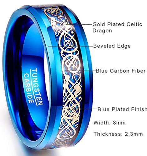 NUNCAD Anillo Hombre Mujer Unisex de Tungsteno Azul con Dragón Celta y Fibras de Carbono 8mm para Boda Regalo Compromiso Compañía Talla 65 (Diámetro Interior 20,6mm)