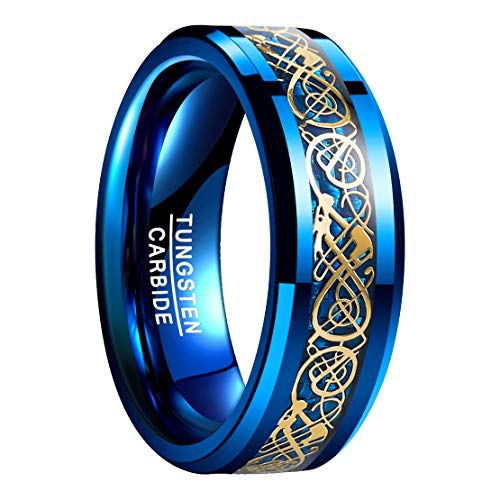 NUNCAD Anillo Hombre Mujer Unisex de Tungsteno Azul con Dragón Celta y Fibras de Carbono 8mm para Boda Regalo Compromiso Compañía Talla 65 (Diámetro Interior 20,6mm)