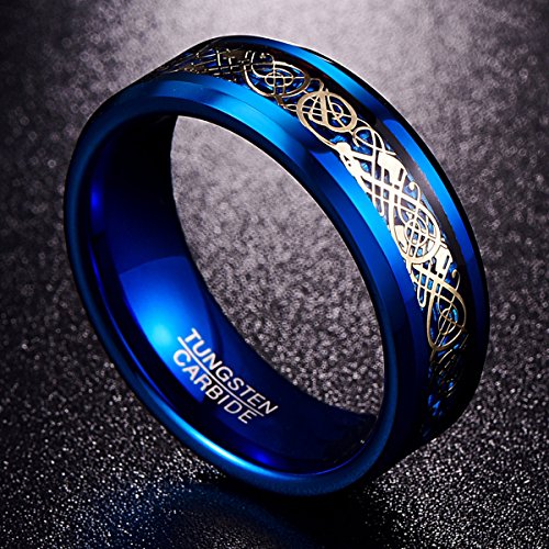 NUNCAD Anillo Hombre Mujer Unisex de Tungsteno Azul con Dragón Celta y Fibras de Carbono 8mm para Boda Regalo Compromiso Compañía Talla 65 (Diámetro Interior 20,6mm)