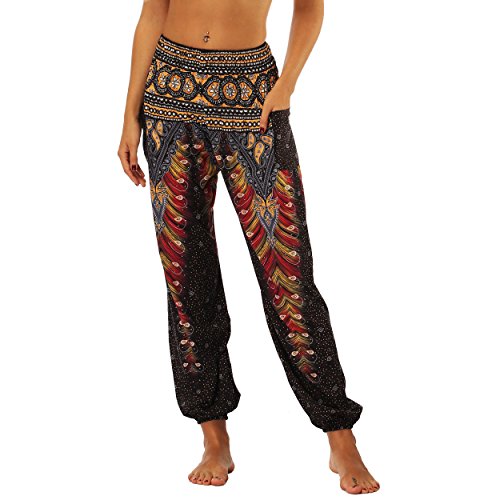 Nuofengkudu Mujer Pantalones Hippies Tailandeses Estampado Verano Cintura Alta Elastica con Bolsillos para Yoga Casual Negro Pavo