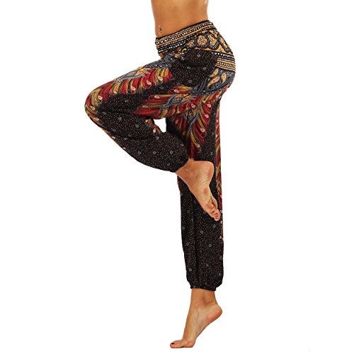 Nuofengkudu Mujer Pantalones Hippies Tailandeses Estampado Verano Cintura Alta Elastica con Bolsillos para Yoga Casual Negro Pavo