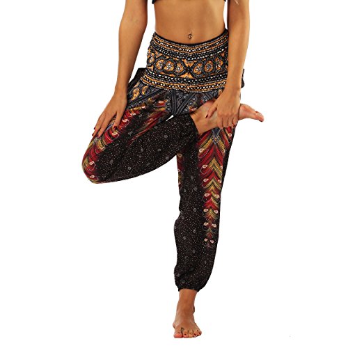 Nuofengkudu Mujer Pantalones Hippies Tailandeses Estampado Verano Cintura Alta Elastica con Bolsillos para Yoga Casual Negro Pavo