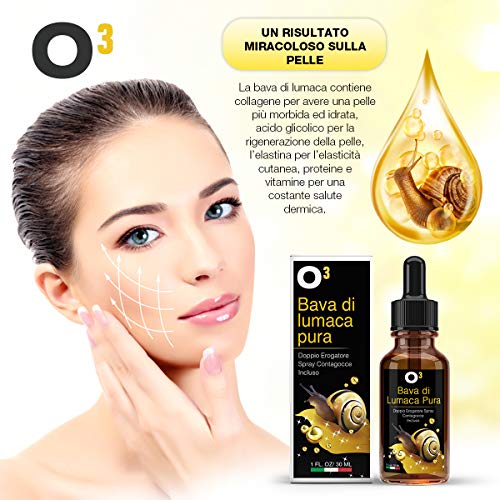 O³ Bava de caracol sérica 100% pura con ácido hialurónico concentrado y aceite de ricino - Contorno de ojos sin arrugas - innovación regenerativa anti imperfecciones, manchas, arrugas y envejecimiento