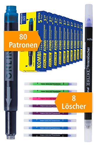 Online - Pack de 80 cartuchos de tinta y 8 borradores de tinta, cartuchos de tinta universales para pluma estilográfica Lamy y estándar, cartuchos de gran capacidad en azul real, borrables, lavables