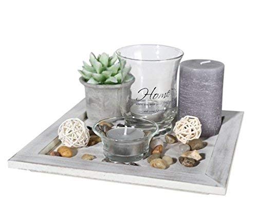 ootb Plato de Madera Home, con 2 portavelitas, 2 Velas & Piedras Decorativas, 20x20cm