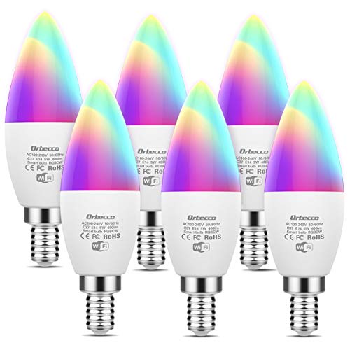 Orbecco [6PZS E14 Bombilla LED Inteligente WiFi 5W, RGB+W, Bombilla Vela Elegante Smart Bulb Control de Voz Compatible con Alexa Echo, Google Home con 16 Millones de RGB - Blanco