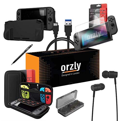 Orzly Pack Esencial de Accesorios para Nintendo Switch [Incluye: Protectores de Pantalla, Cable USB, Funda para Consola, Estuche Tarjetas de Juego, Funda Comfort Grip, Auriculares] – Negro