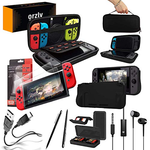 Orzly Pack Esencial de Accesorios para Nintendo Switch [Incluye: Protectores de Pantalla, Cable USB, Funda para Consola, Estuche Tarjetas de Juego, Funda Comfort Grip, Auriculares] – Negro