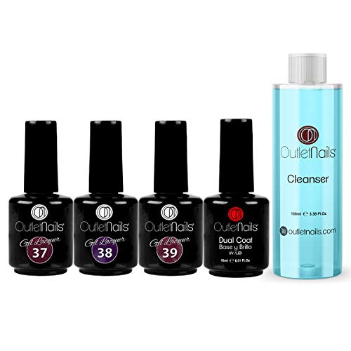 Pack Esmaltes Semipermanentes 3 Colores de 15ml + Dual Coat 15ml + Limpiador 100ml | Made in Eu | Colores Nº 37, 38, 39