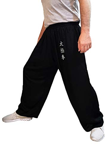 Pantalones de Tai Chi Taza Amplia Hombre y Mujer y Niño Pantalones de Yoga Qigong Abierto a los Tobillos (Negro, Tamano M)