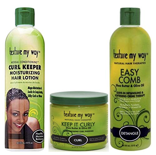 Paquete Texture My Way®, 3 productos | Loción capilar hidratante Curl Keeper de 355 ml | Pasta ultradefinidora de rizos Keep it Curly de 450 ml | Crema suavizante y desenredante Easy Comb de 355 ml