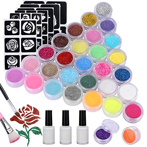 Pascua de Resurrección Emooqi Kit de Tatuajes Temporales, 24 Colores Tatuaje de Brillo para el Cuerpo Brillos de Tatuaje,con 24 Brillos,143 Plantillas de Tatuaje,5 Pinceles, 3 Pegamentos & Diamante