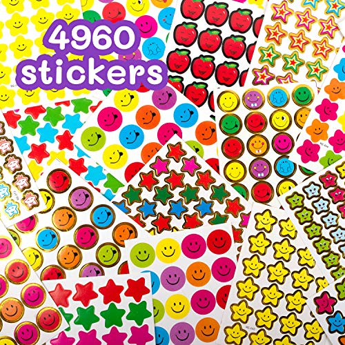 Pegatinas de Recompensa para Niños y Profesores de Purple Ladybug Novelty - Lote de 180 Hojas y 4960 Stickers Smiley, Emoji Estrellas y Manzanas! Calcomanías Infantiles para la Escuela, la Casa y Más