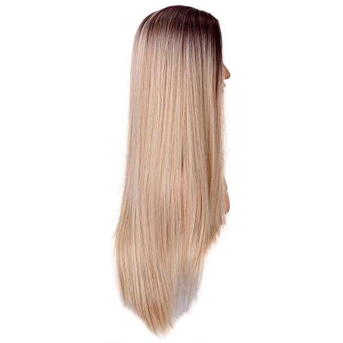 Peluca Rubia Para Mujeres Ombre Sedosa Peluca de Pelo Largo Liso Línea Natural Parte Media 22 Pulgadas Peluca Sintética Para Mujeres Fiesta Halloween Disfraz