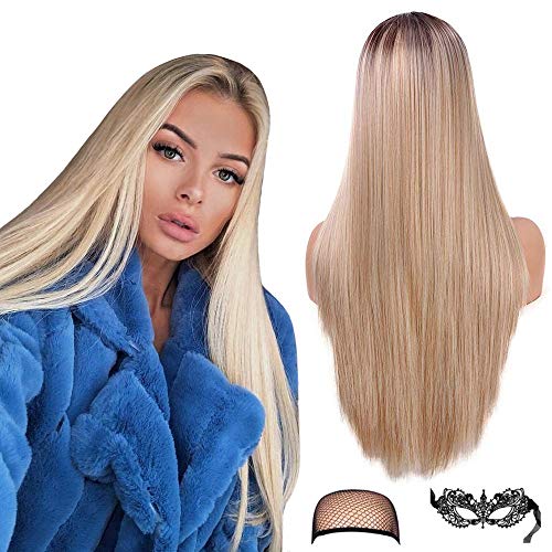 Peluca Rubia Para Mujeres Ombre Sedosa Peluca de Pelo Largo Liso Línea Natural Parte Media 22 Pulgadas Peluca Sintética Para Mujeres Fiesta Halloween Disfraz