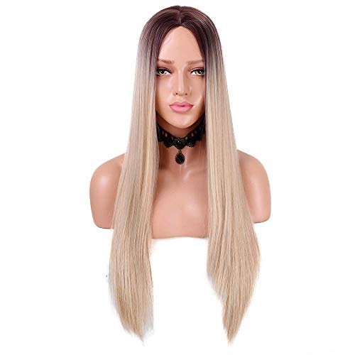 Peluca Rubia Para Mujeres Ombre Sedosa Peluca de Pelo Largo Liso Línea Natural Parte Media 22 Pulgadas Peluca Sintética Para Mujeres Fiesta Halloween Disfraz