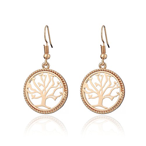 Pendiente Tree of Life para mujer, Pendiente colgante Regalo para niña Pendiente de oro Pendiente de aro de acero inoxidable (Oro rosa)