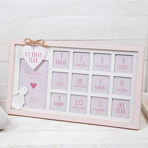 Petit Cheri Shabby Chic - Marco de fotos para bebé, diseño con texto en inglés"Baby My First Year", color rosa y blanco