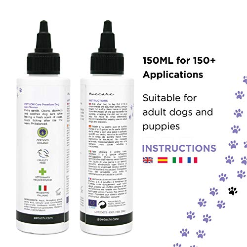 PETUCHI Gotas de Oidos para Perros; Desinfecta y Detiene el Picor; Limpia Orejas de Perros Suavemente; 150ml