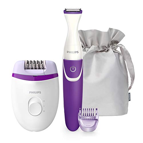 Philips BRP505/00 - Kit de depilación para cuerpo y camiseta (incluye depiladora eléctrica Satinelle Essential, recortador Bikini, zapata de 3 mm y funda de lujo)