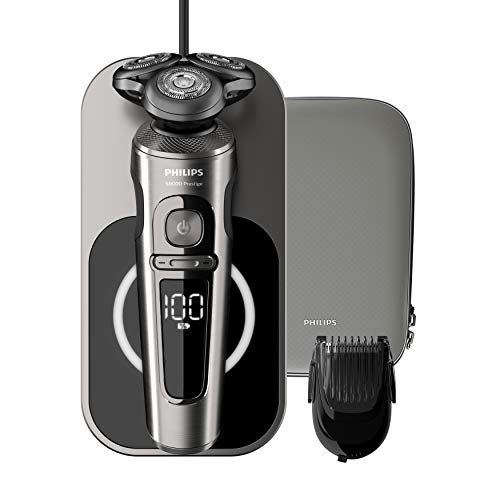 Philips Serie 9000 Prestige SP9860/16 - Afeitadora eléctrica para hombre con bandeja de carga Qi, sensor de densidad de barba, 3 modos, seco/húmedo, con perfilador de barba y funda premium, gris