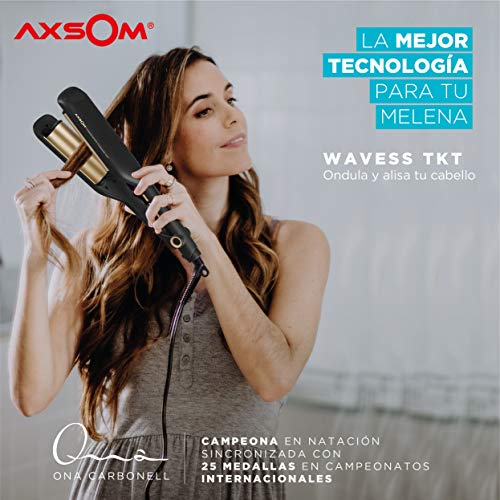 Pinza Rizadora Wavess TKT Axsom Electronics, Plancha con cerámica avanzada de Titanio con Aceite de Queratina y Turmalina. Ondulador de pelo Zig Zag, Plancha de pelo para ondas surferas