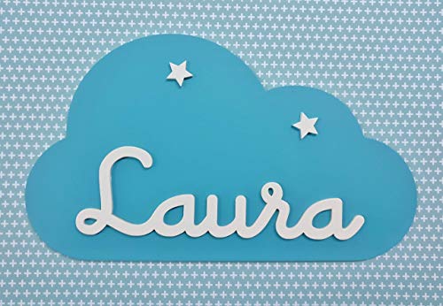 Placa decorativa infantil de madera en forma de nube personalizada con el nombre para niño y niña, regalos originales y únicos, decoraciones de pared o puerta