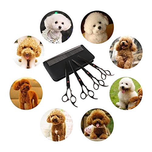 RCruning-EU Tijeras de Perro Set 7inch Stainless Steel Scissor with Combs Trimmer Kits Kit de Peluquería Canina Perros y Gatos for Perros Gatos Mascotas-Black