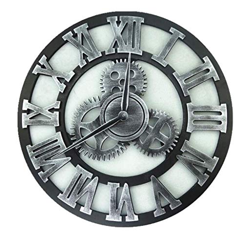 Reloj de pared 3D vintage Relojes de pared con números romanos hechos a mano Equipo industrial Decoración europea para sala de estar Restaurante Oficina Bar Cocina (Color: Plata, Tamaño: 45 cm plata