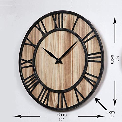 Reloj de pared grande de madera Madera Cara redonda retro Metal Manos con pilas Sin tictac Movimiento de cuarzo silencioso Relojes rústicos grandes para la decoración de estar Mantel Office Beach