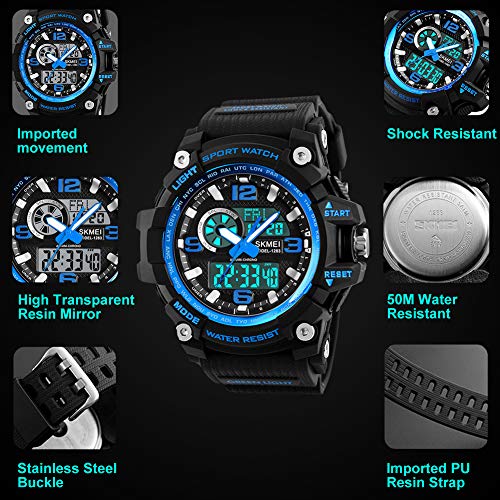 Relojes deportivos para hombre, resistente al agua digital militares relojes con cuenta atrás/Temporizador para los hombres niños grandes,LED de analógico relojes de pulsera para hombre – azul BHGWR