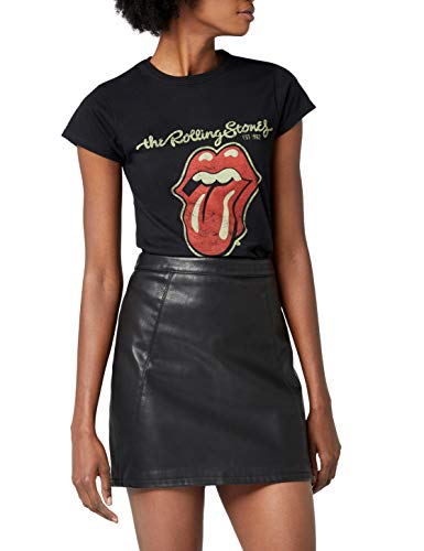 Rolling Stones Plastered Tongue Camisa, Negro, L para Mujer