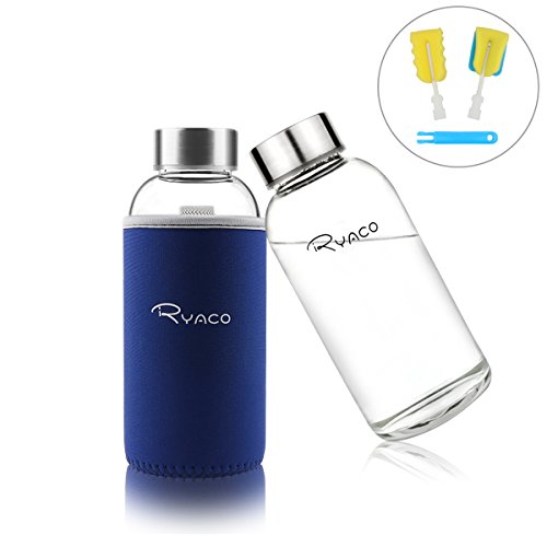 Ryaco Botella de Agua Cristal 360ml, Botella de Agua Reutilizable 12 oz, Sin BPA Antideslizante Protección Neopreno Llevar Manga con Acero Inoxidable Tapas Elegante de Borosilicato Botella