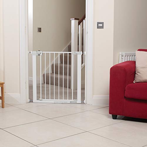 Safety 1st Easy Close Metal Barrera de seguridad metalica para puertas y escaleras, Puerta de seguridad 80 cm hasta 136 cm con extensiones, barrera escalera bebé, niños y perros, Blanco