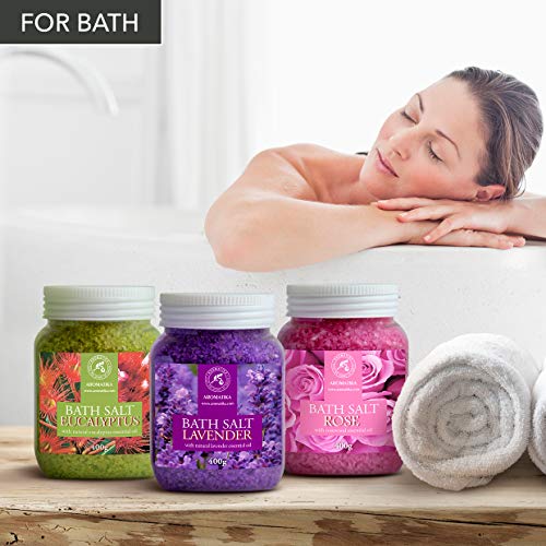 Sales de Baño Set 3x400g con Aceite 100% Natural Lavender - Rosas - Eucalipto - Mejor para Buen Sueño - Alivio del Estrés - Baño - Cuidado Corporal - Bienestar - Belleza - Relajación - Spa