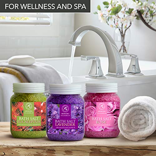 Sales de Baño Set 3x400g con Aceite 100% Natural Lavender - Rosas - Eucalipto - Mejor para Buen Sueño - Alivio del Estrés - Baño - Cuidado Corporal - Bienestar - Belleza - Relajación - Spa