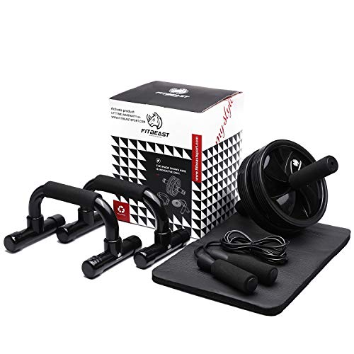 Set de Ejercitar Rodillo Abdominales, 3 en 1 con Barra para Flexiones, Cuerda para Saltar y Rodilleras–Equipo para Ejercitarse en Casa y de Entrenamiento de Fuerza para Fortalecer Tus Abdominales