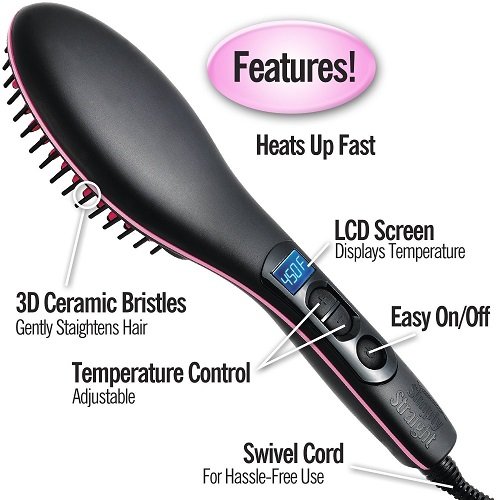 Simply Straight Ceramic Hair Straightening Brush, Black/Pink