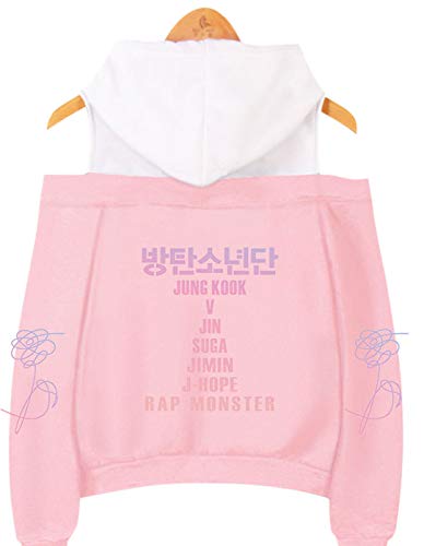 SIMYJOY Mujeres Korea Pop Fans Sudadera con Capucha sin Hombro Miembros de Korea Pop Jumper Girls Off Hombro KPOP Street Fashion Top Bonito Regalo para A.R.M.Y Pink XL